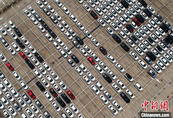 航拍在海通碼頭等待出口的整車。(資料照片) 殷立勤 攝
